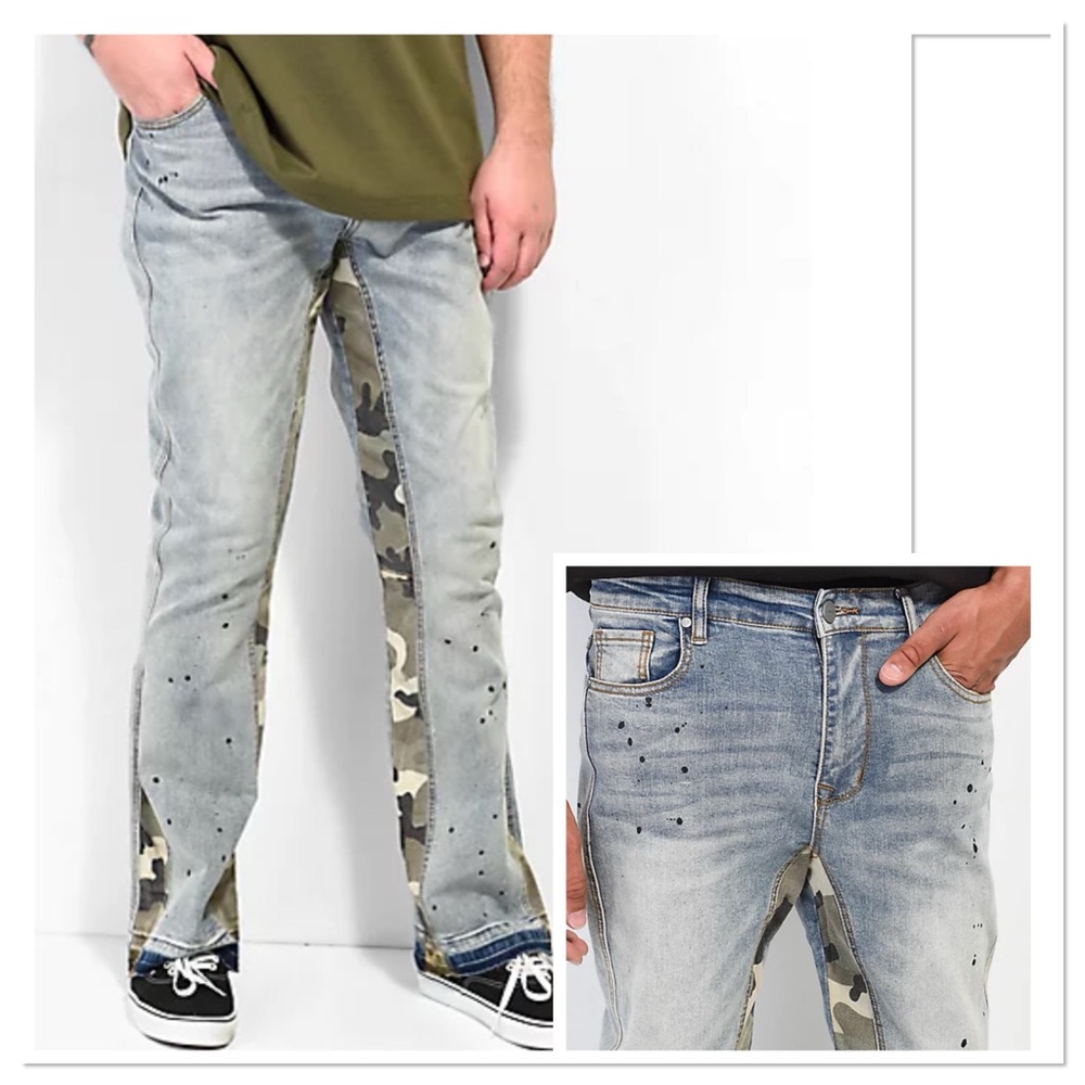 EPTM Men's Camo & Light Blue Flare Denim Jeans Sz L/34